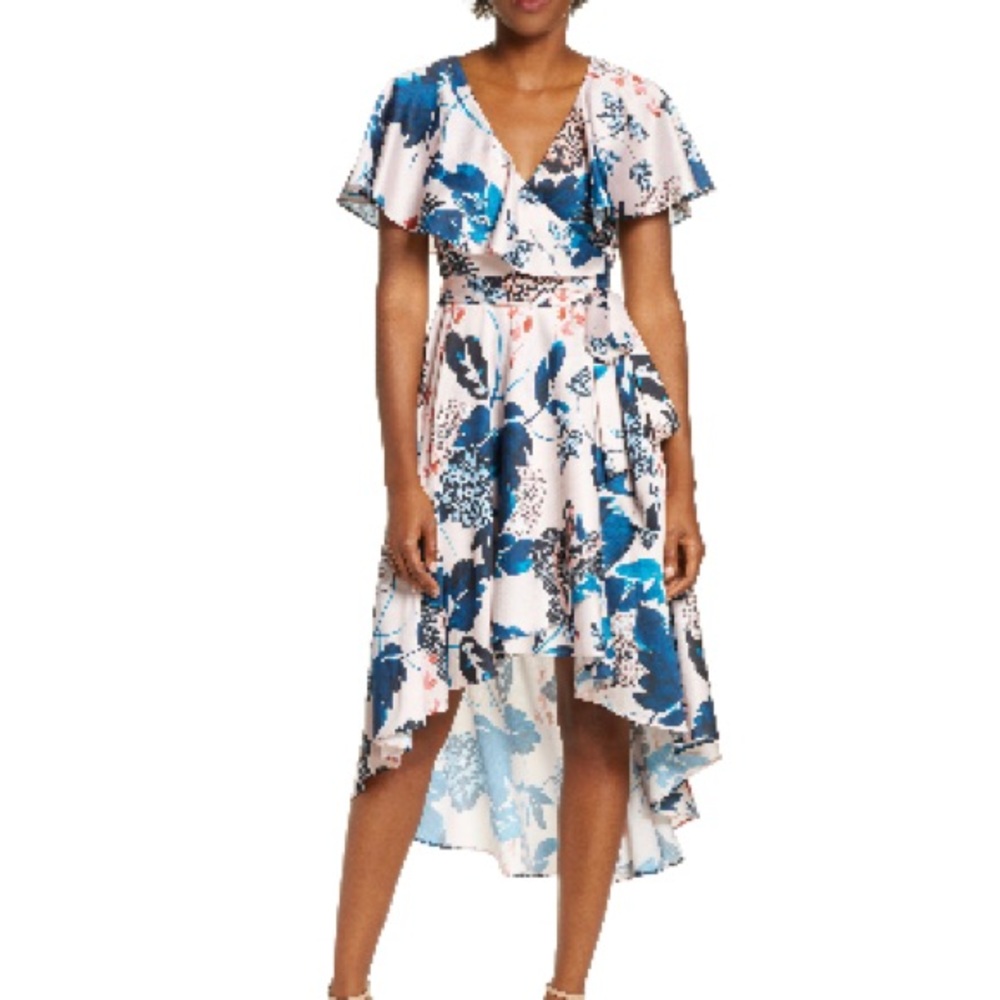 Eliza J, flutter high low faux wrap dress, size 8 - Picture 2 of 9